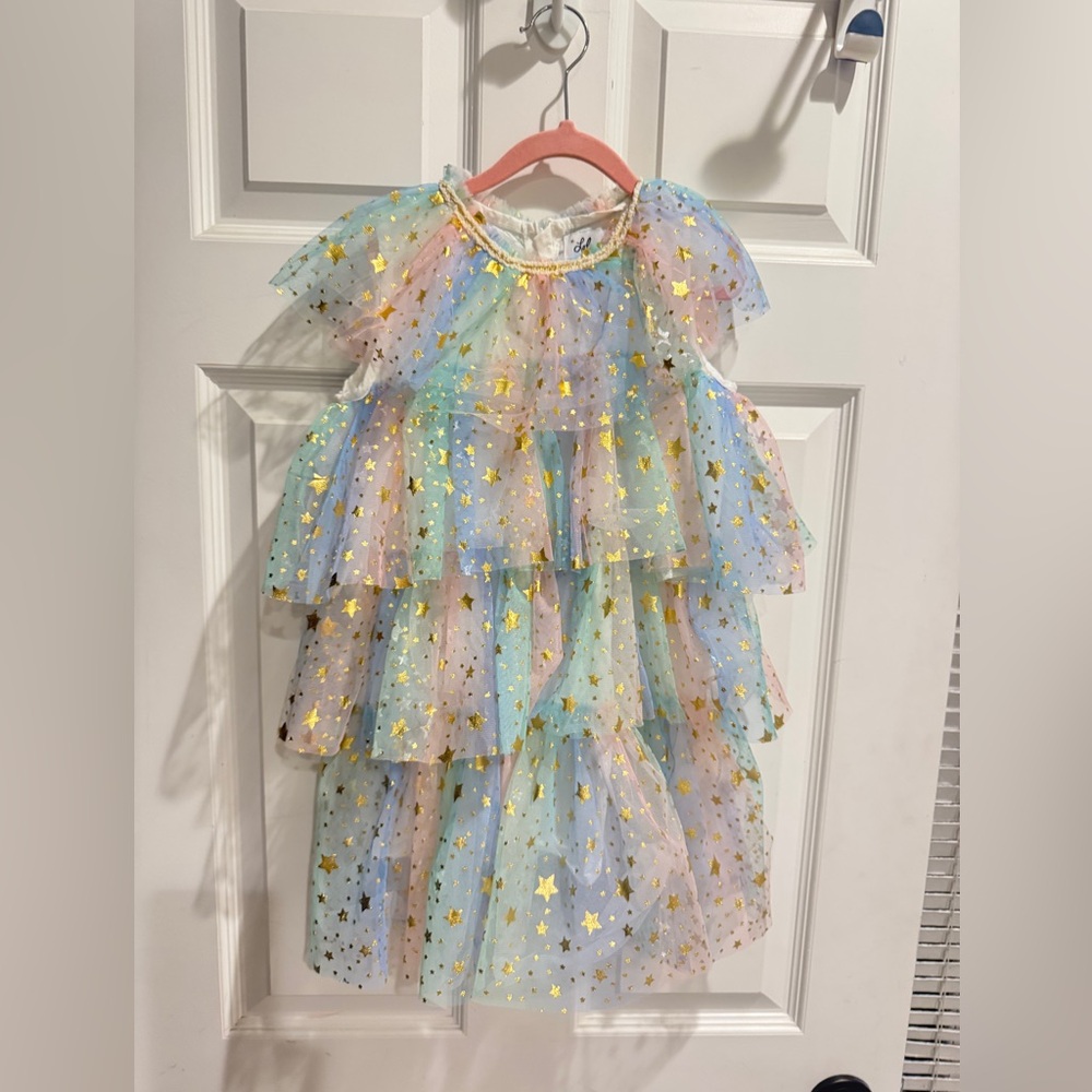 Lola + The Boys Pastel Rainbow Layered Tulle Dress with Gold Stars